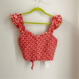 Floral Coral Ruffle Sleeve Crop Top